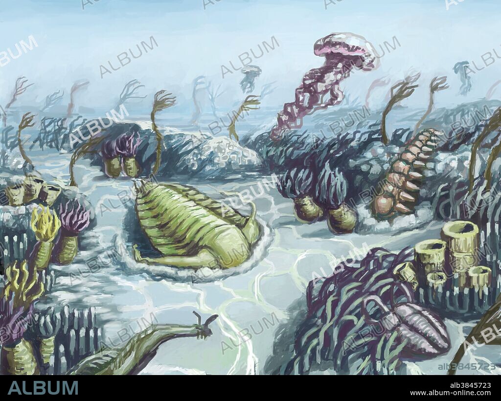 A conceptual illustration of the Cambrian geologic period, which spanned from 541 to 485.4 million years ago. It was the first geological period of the Paleozoic Era.