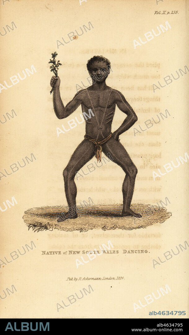 Australian aboriginal dancing at a corroboree. Body painted with pipe clay and red ochre. Native of New South Wales dancing. Handcoloured copperplate engraving from Frederic Shoberl's The World in Miniature: The Asiatic Islands and New Holland, R. Ackermann, London, 1824.