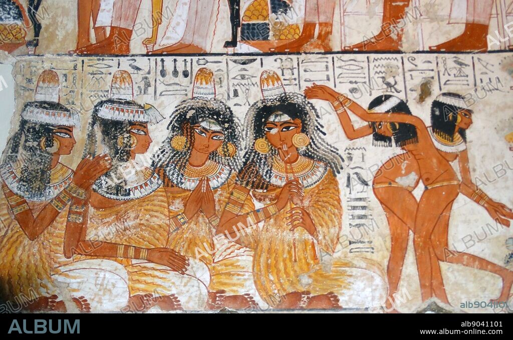 Fresco from the tomb of Nebamun, Fragment of a polychrome tomb-painting showing a banquet scene. Thebes, Egypt 18th Dynasty, around 1350 BC.