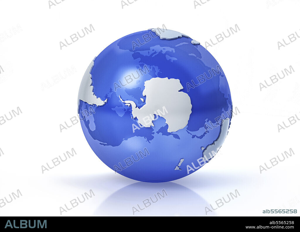 Stylized Earth globe, South Pole view with grey continents and transparent seas to reveal continents on the other side.