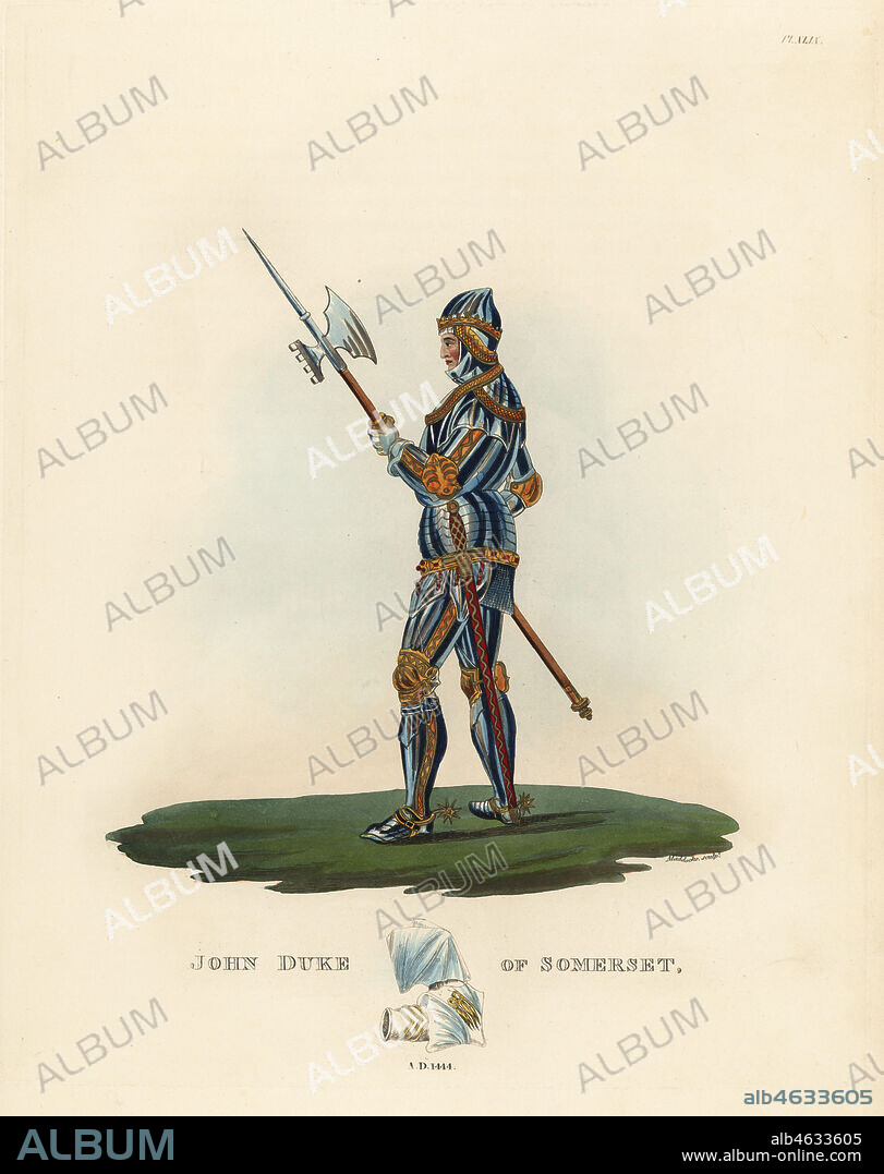 John Beaufort, First Duke of Somerset, English nobleman and military commander, 1403-1444. He wears a conical helm, and a suit of splendid armour with borders along the arms, legs and genouillieres, tuiles and chainmail apron. He carries a pole-axe and long sword. Handcoloured lithograph by Maddocks after an illustration by S.R. Meyrick from Sir Samuel Rush Meyrick's A Critical Inquiry into Antient Armour, John Dowding, London, 1842.