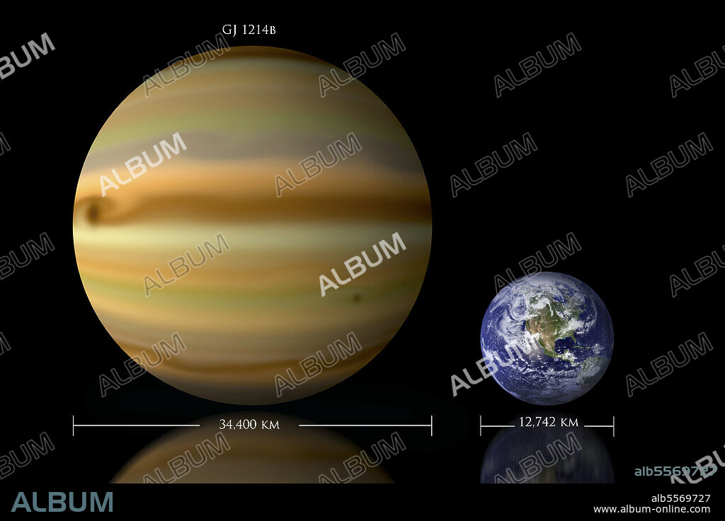 Artist's depiction of the size relationship between Earth and GJ 1214b, also known as Gliese 1214b. Discovered in 2009 in the constellation Ophiuchus, some 40 light-years from Earth.