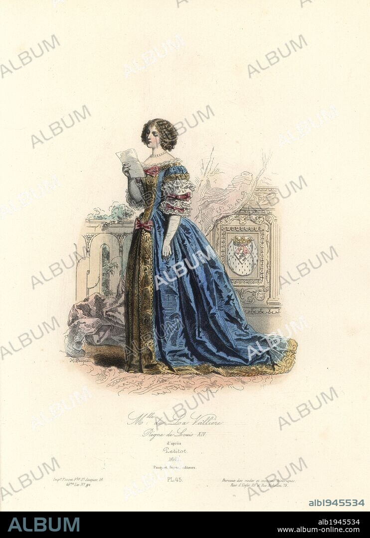 Mademoiselle Louise de la Valliere (1644-1710), mistress to King Louis XIV, 1661. Handcoloured steel engraving by Hippolyte Pauquet after a miniature enamel by Jean Petitot (1606-1691) from the Pauquet Brothers' "Modes et Costumes Historiques" (Historical Fashions and Costumes), Paris, 1865. Hippolyte (b. 1797) and Polydor Pauquet (b. 1799) ran a successful publishing house in Paris in the 19th century, specializing in illustrated books on costume, birds, butterflies, anatomy and natural history.
