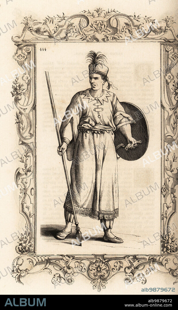 Warrior of the African kingdom of Djebel or Giabea. He carries a targe or round shield and a poisoned lance or assegai. Costume de Djebel, Royaume dAfrique. Within a decorative frame engraved by H. Catenacci and Fellmann. Woodblock engraving by Gerard Seguin and E.F. Huyot after a woodcut by Christoph Krieger from Cesare Vecellios 16th century Costumes anciens et modernes, Habiti antichi et moderni di tutto il mondo, Firman Didot Ferris Fils, Paris, 1859-1860.