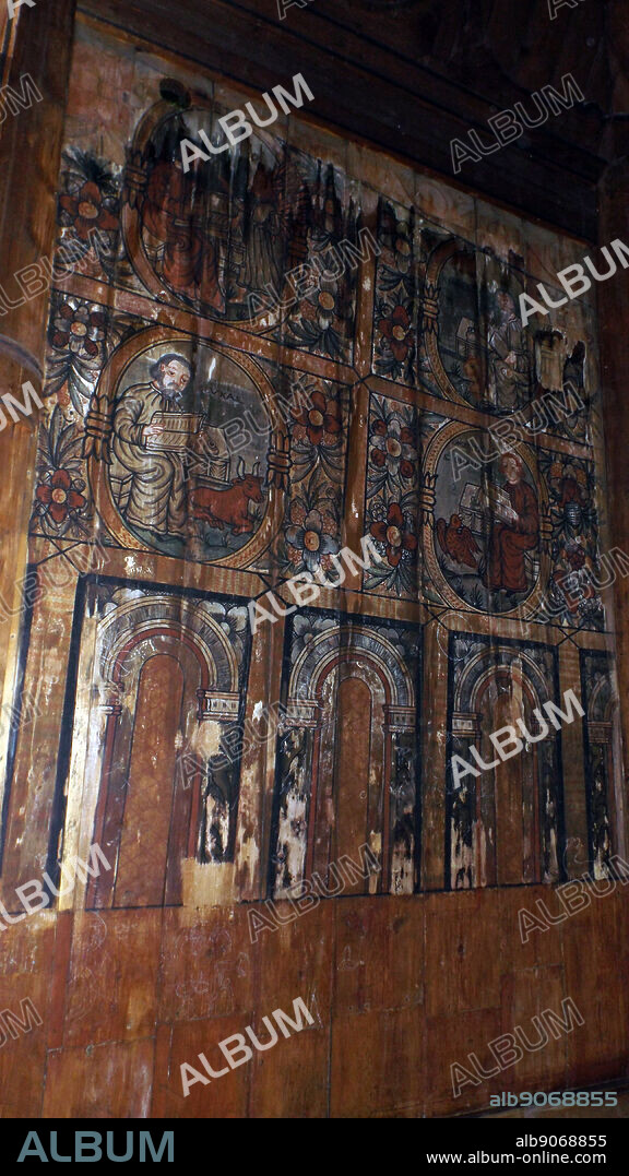 Interior of the Gol Stave Church, Oslo, Norway. Originally from Gol, Hallingdal, Norway. It is now located in the Norwegian Museum of Cultural History at Bygdøy in Oslo. Dated to 1212. When the city built a new church around 1880, it was decided to demolish the old stave church. It was saved from destruction by the Society for the Preservation of Ancient Norwegian Monuments, which bought the materials in order to re-erect the church elsewhere.