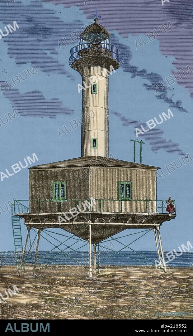 Ebro Delta. Sant Carles de la Rapita, Tarragona province, Catalonia, Spain. Lighthouse at "Punta de la Banya". Mouth of the Ebro river, in the peninsula of la Banya. It was lit for the first time in 1864. Engraving, later colouration. Cronica General de Espa–a, Historia Ilustrada y Descriptiva de sus Provincias. Catalonia. 1866.
