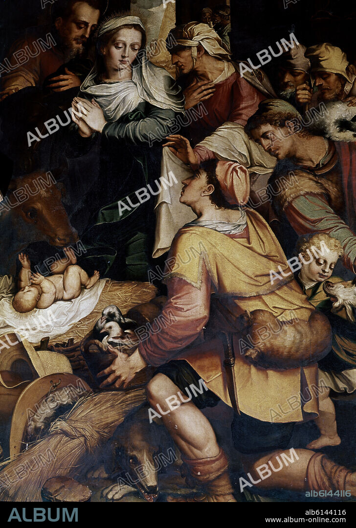 LUIS DE VARGAS (1505-1567). ADORACION DE LOS PASTORES, TABLA CENTRAL DEL RETABLO DEL NACIMIENTO 1555- PROMOVIDO POR EL MERCADER FRANCISCO DE BAENA.