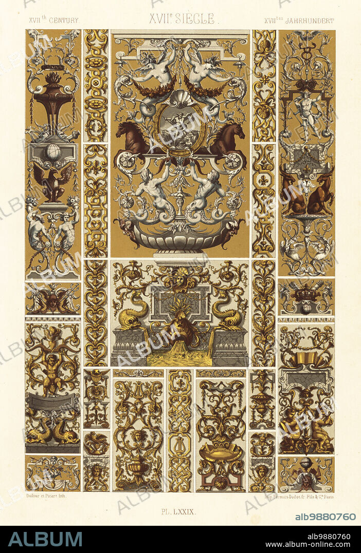Decorative paintings, Apollo Gallery, Louvre, 17th century. Panels by cabinet maker Berain for a window named after King Charles IX (centre), and other panels in the Berinades style. XVIIme Siecle. Hand-finished chromolithograph by Dufour & Picart from Albert-Charles-Auguste Racinets LOrnement Polychrome, (Polychromatic Ornament), Firmin-Didot, Paris, 1869-73.