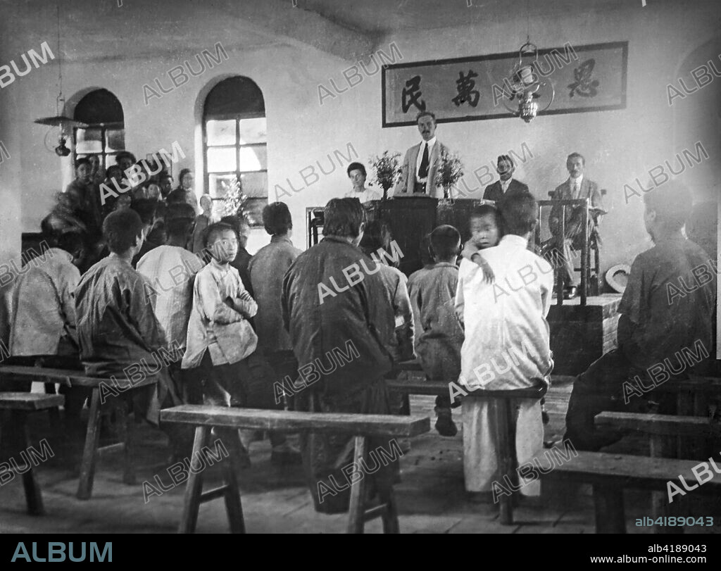 Glass Negative circa 1900.Victorian.Social History. Missionaries in china preaching to congrgation.