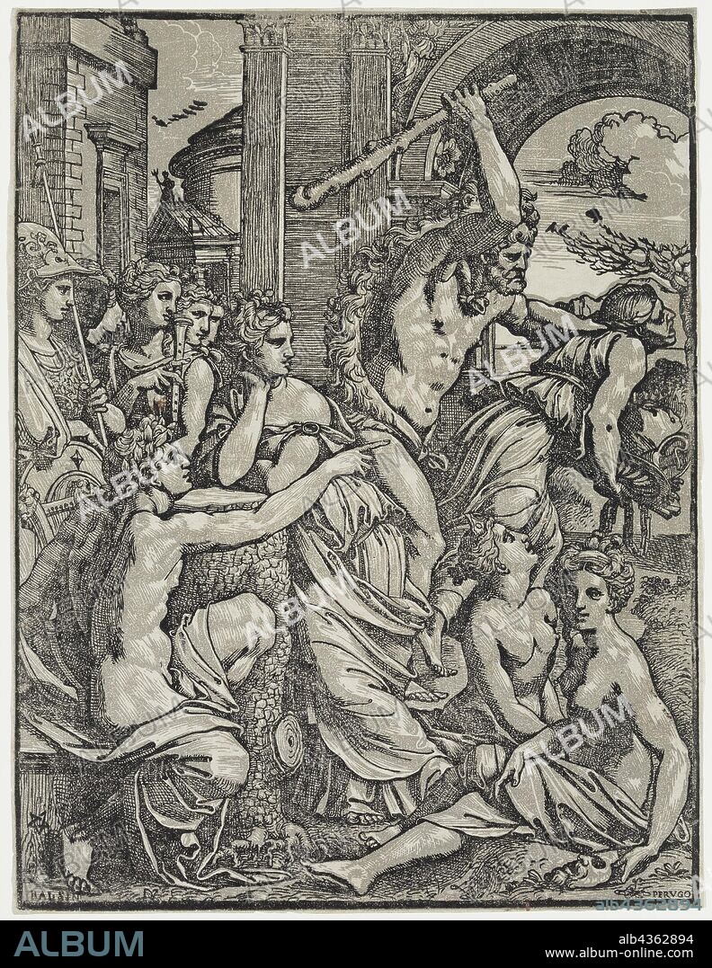 Ugo da Carpi, Italian, 1480-1532, after Baldassare Peruzzi, Italian, 1481-1536, Envy Driven from the Temple of the Muses by Hercules, between 1480 and 1536, chiaroscuro woodcut printed in black and gray ink on laid paper, Image: 11 3/4 × 8 7/8 inches (29.8 × 22.5 cm).
