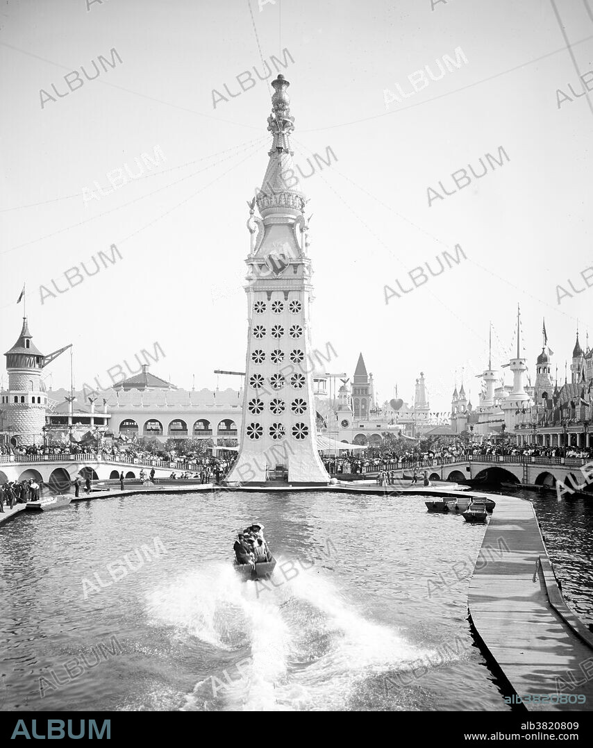 The Electric Tower. Luna Park was an amusement park in Coney Island located on the north side of Surf Avenue on a site between 8th street, 12th street and Neptune Avenue. The park's architectural style was an Oriental theme with buildings built on a grand scale and over 1,000 red and white painted spires, minarets and domes. At night all the domes, spires and towers were lit with over 250,000 electric lights. At the center of the park in the middle of a lake was the 200 foot tall Electric Tower that was decorated with twenty thousand incandescent lamps. At the base of the tower was a series of cascading fountains. Luna Park turned on its lights and opened its gates to a crowd of 60,000 spectators precisely at 8:05pm on May 16, 1903, coinciding with the timing of sunset on that Saturday night. The park was mostly destroyed by a fire in 1944. Photographed by the Detroit Publishing Company, 1903.