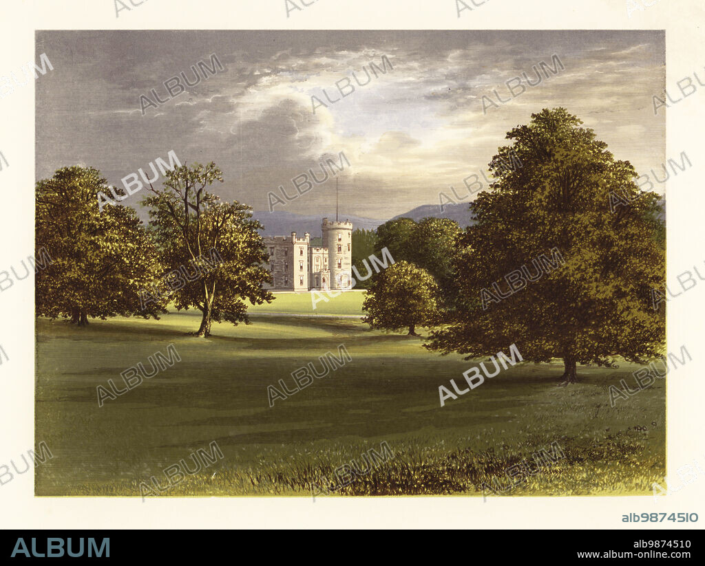 Castle Forbes, Aberdeenshire, Scotland. Scottish baronial style castle built in 1815 by James Ochoncar Forbes, 17th Lord Forbes, to designs by Archibald Simpson and later John Smith. Home of Horace Courtenay Forbes, 19th Baron Forbes. Colour woodblock by Benjamin Fawcett in the Baxter process of an illustration by Alexander Francis Lydon from Reverend Francis Orpen Morriss A Series of Picturesque Views of the Seats of Noblemen and Gentlemen of Great Britain and Ireland, William Mackenzie, London, 1880.
