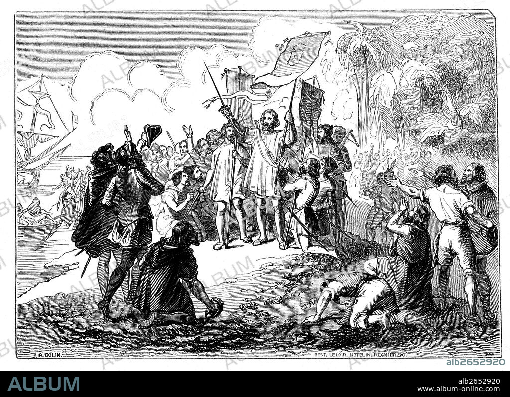 Descubrimiento de América por Cristóbal Colón. Año 1492. Grabado de 1854.