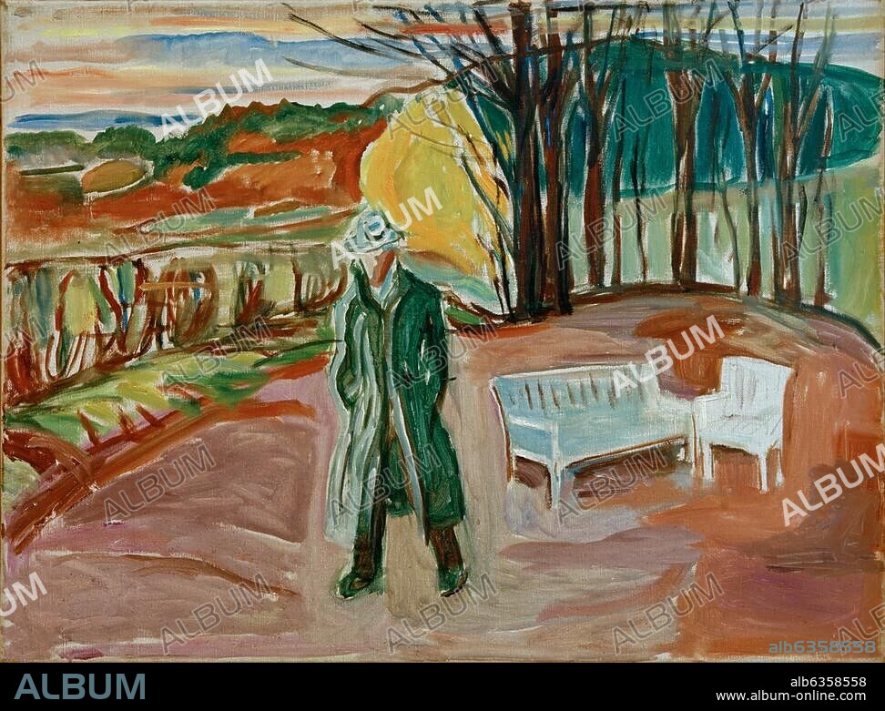 EDVARD MUNCH. Munch, Edvard norweg. Maler und Graphiker Loten 12.12.1863 - auf Ekely 23.1.1944. "Selbstporträt bei der Gartenlaube", 1942. Öl auf Leinwand, 60 × 80 cm. Inv. Nr. M 1085. Oslo, Munch-Museet.