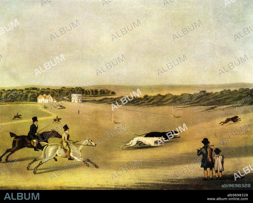Coursing on Epsom Racecourse . Coloured engraving after John Nott ( Nost ) Sartorius , 1759 - 1828.
