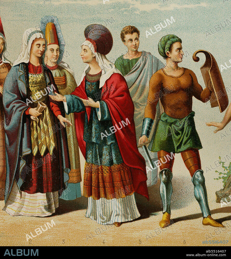 Península Ibérica. Historia Antigua. Fenicios. Figuras 2 a 5: ilustraciones inspiradas a partir de antigüedades procedentes del Cerro de los Santos. Figura 6: fenicio a partir de una lamparilla existente en el Museo de Tarragona. Cromolitogafía. Historia General de España, por Modesto Lafuente. Tomo I. Editada en Barcelona, 1877.