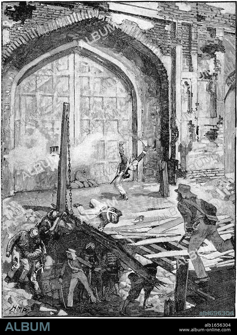 Indian Mutiny (Sepoy Mutiny) 1857-1859: Siege of Delhi - engineers blowing up the Cashmere Gate so that Colonel Cambell's men could pass into the city, September 1857. Wood engraving c1895.