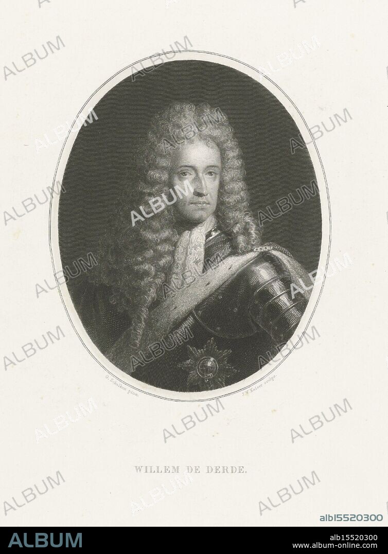 Buffa and Sons, Frans, Brugman, JF, Schalcken, Godfried, Kaiser, Johann Wilhelm (I), Portrait of King William III, verso - stamped, Portrait bust to the right of William III, Prince of Orange-Nassau, King of England., print, prints, height 352 mm, width 254 mm, Dutch, 1813-01-05 - 1900-11-29, print maker, printmaker, 1857 - 1857, paper, papier, etching, etchings, engraving, engraving (printing process), Noord-Nederlands, 1643 - 1706-11-16, after, after painting by, Nederlands, printer, drukker, Publication (Event), Publicatie, publisher.
