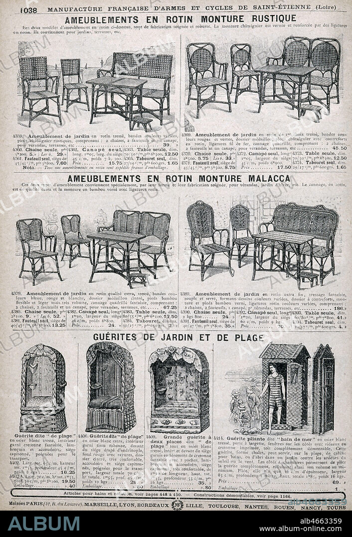 Meubles de jardin et de plage, page d'un Catalogue de la Manufacture d'Armes et Cycles de Saint Etienne, MANUFRANCE, 1914. Credit Collection Kharbine Tapabor.