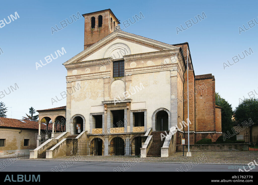 San Sebastiano Church in Mantua, by Leon Battista Alberti, 1460, 15th Century,. Italy, Mantua, San Sebastiano church. View facade tympanum monumental staircase arches lobby church of San Sebastiano Mantua bell tower.