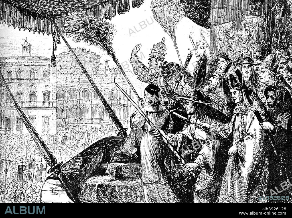 Pope Leo X excommunicating Martin Luther as a heretic, Rome, 1521 (1909). Engraving taken from the Harmsworth History of the World. (London, 1909).