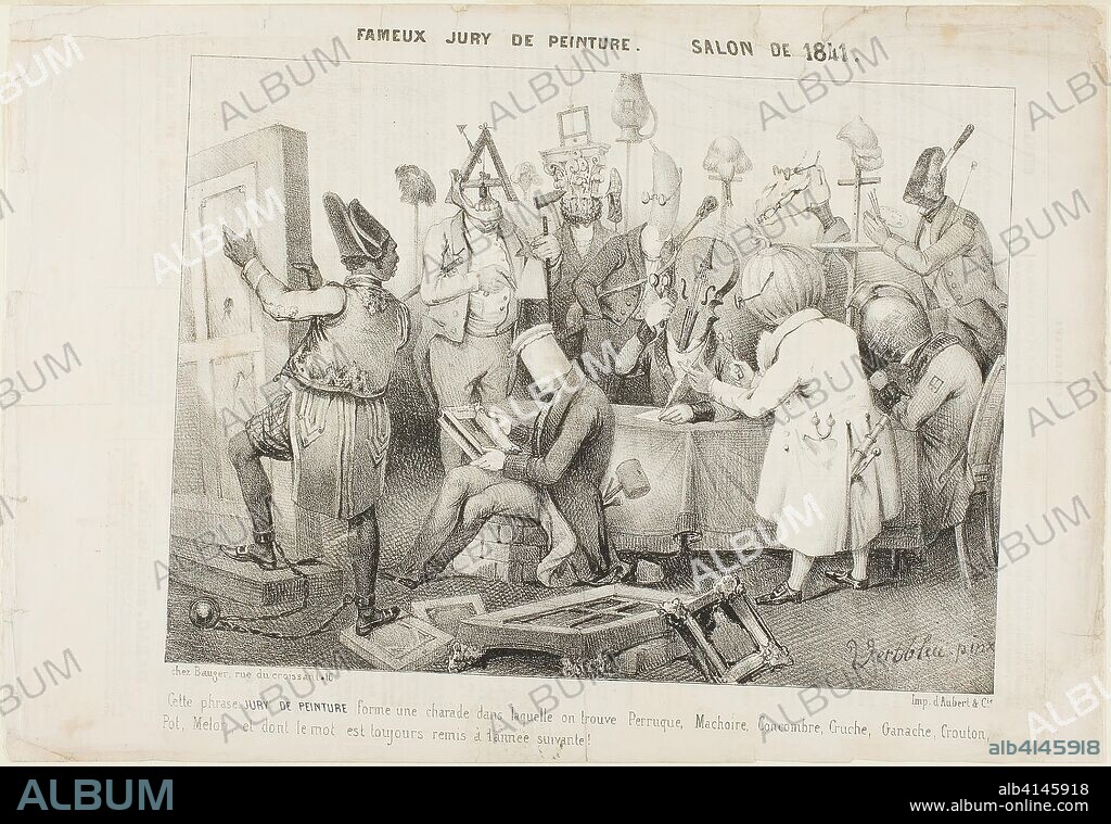 CLEMENT PRUCHE. Fameux Jury de Peinture. Salon de 1841. Clément Pruche (French, active 1831-1870); printed by Imprimerie d'Aubert et Cie; printed and published by chez Bauger et Cie; published in Le Charivari (French, 1832-1915). Date: 1840. Dimensions: 201 × 274 mm (image); 251 × 366 mm (sheet). Lithograph, with scraping on stone, in black on ivory wove paper, with letterpress on verso. Origin: France.