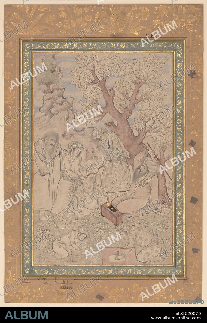 Chastisement of a Pupil. Artist: Painting by Muhammad Qasim (active ca. 1600-d. 1659). Dimensions: Painting: H. 9 3/4 in. (24.8 cm)
 W. 6 5/16 in. (16 cm)
Page: H. 13 5/8 in. (34.6 cm)
W. 9 in. (22.9 cm)
Mat: H. 19 1/4 in. (48.9 cm)
 W. 14 1/4 in. (36.2 cm)
Frame: H. 21 5/8 in. (55 cm)
W. 16 3/4 in. (42.5 cm)
D. 1 3/16 in. (3 cm). Date: dated 114 (A.H. 1014/ A.D. 1605-6).
In this drawing, two elderly dervishes witness a boy's chastisement. School scenes such as this example often include figures burnishing paper and practicing calligraphy. The artist, Muhammad Qasim, was one of the proponents of the style developed by Riza-yi 'Abbasi, known for its innovative use of line and wash colors.