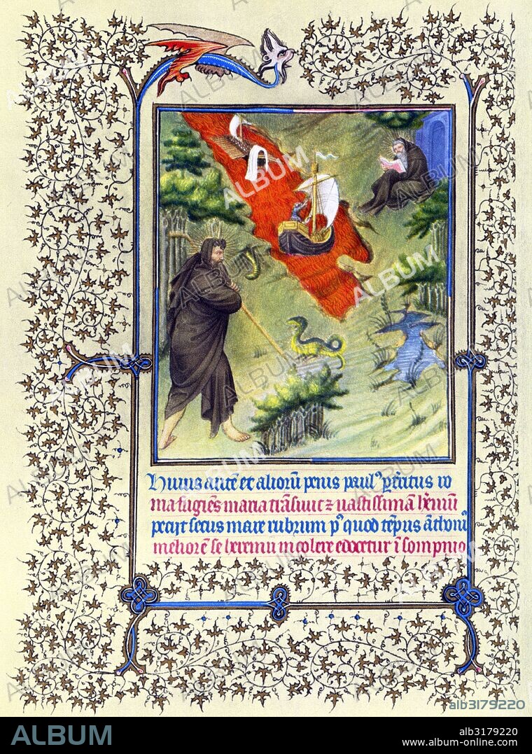 Illumination depicting the Story of Saints Anthony and Paul the Hermit from the Belles Heures of Jean de France, Duc de Berry (The Beautiful Hours) an early 15th-century illuminated manuscript book of hours. Dated 15th Century.
