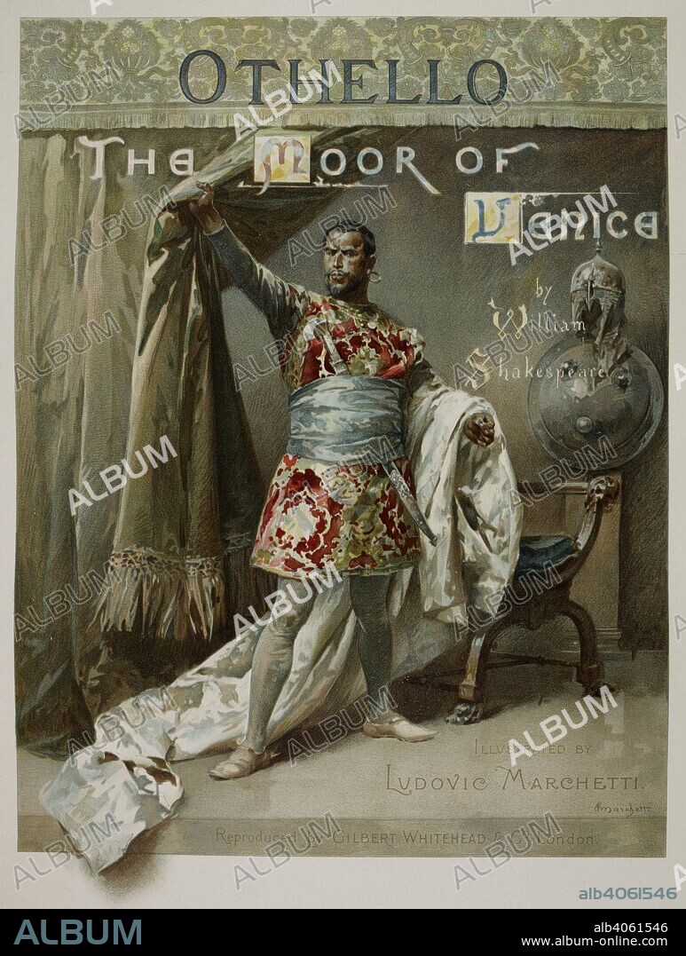 WILLIAM SHAKESPEARE. Othello, standing, holding a curtain. He is wearing a red tunic with a sash. . Othello. The moor of Venice. Simpkin and Co.: London, 1893. Colour illustration. Source: 11765.k.9 frontispiece. Language: English.