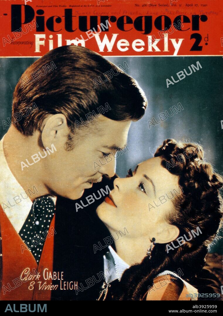 Clark Gable (1901-1960) and Vivien Leigh (1913-1967), actors, 1940. Gable and Leigh in a scene from Gone With the Wind (1939). From the front cover of Picturegoer magazine (27 April 1940).  Cropping restrictions are in place.