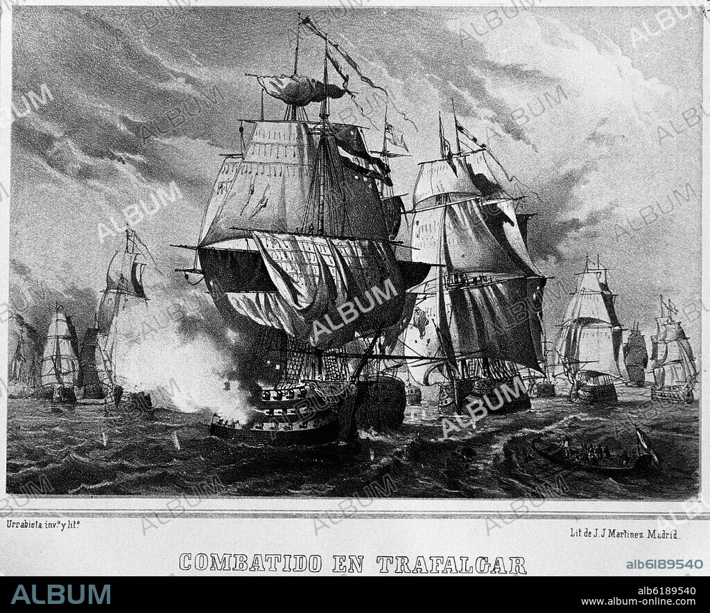 VICENTE URRABIETA ORTIZ (?-1879). EL NAVIO ESPAÑOL DEL ALMIRANTE GRAVINA COMBATIDO EN TRAFALGAR POR CUATRO NAVIOS INGLESES - GRABADO SIGLO XIX.