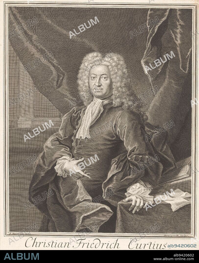 Portrait of Christian Friedrich Curtius, Martin Bernigeroth, after Elias Gottlob Haußmann, 1729, print maker: Martin Bernigeroth, (mentioned on object), after: Elias Gottlob Haußmann, (mentioned on object), Leipzig, 1729, paper, engraving, h 393 mm × w 276 mm.
