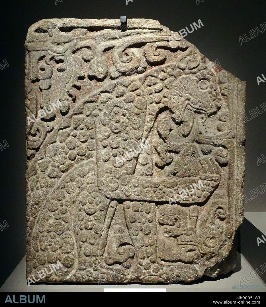 Mayan, calcified stone panel, with bas relief depicting a jaguar eating a heart. From the Great Palace at Chichen Itza, Yucatan, Mexico.