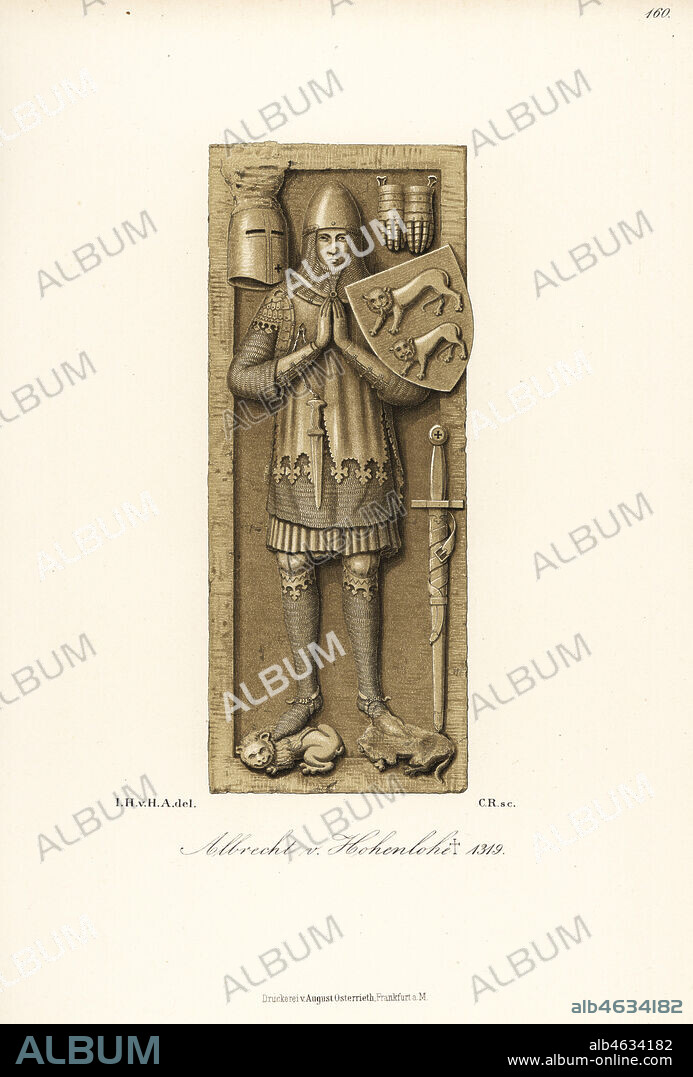 Costume of Albrecht von Hohenlohe, died 1319. In suit of chain mail armour, tunic, great helm, with shield and sword. From the grave effigy in Schloss Neuenstein. Chromolithograph from Hefner-Alteneck's Costumes, Artworks and Appliances from the Middle Ages to the 17th Century, Frankfurt, 1889. Illustration by Dr. Jakob Heinrich von Hefner-Alteneck, lithographed by C.R. Dr. Hefner-Alteneck (1811 - 1903) was a German museum curator, archaeologist, art historian, illustrator and etcher.
