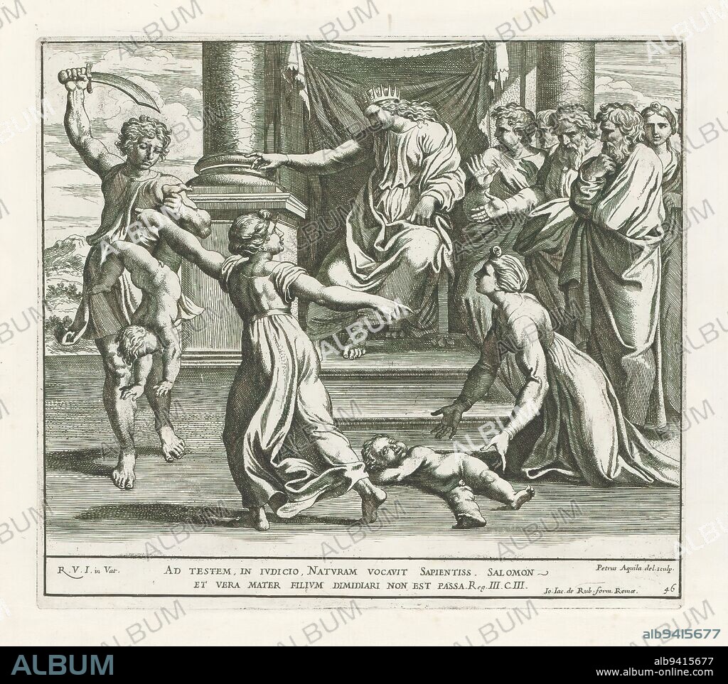 Judgment of Solomon, Raphael Bible (series title), Paintings in Raphael's Loggia (series title), Imagines Veteris ac Novi Testamenti (series title), King Solomon sits on his throne and passes judgment on a dispute between two prostitutes who had both given birth to a child. The child who dies lies on the ground before Solomon, the child who is still alive and claimed by both mothers is held by a man with a sword. This man is ordered by Solomon to cut the child in half but this goes too far for the real mother, she begs him to let her child live. Bible verse below the picture. Print is part of an album., print maker: Pietro Aquila, (mentioned on object), after drawing by: Pietro Aquila, (mentioned on object), after painting by: Rafaël, (mentioned on object), print maker: Italy, after drawing by: Italy, after painting by: Vaticaanstad, publisher: Rome, Vaticaanstad, 1675, paper, etching, height 239 mm × width 271 mm.