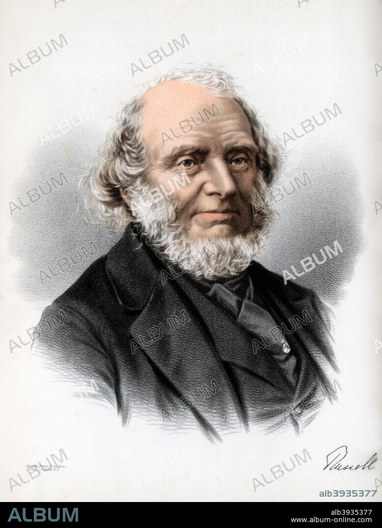 John Russell, 1st Earl Russell, English Whig and Liberal politician, c1890. Russell (1792-1878) was known as Lord John Russell until 1861 when he was created Earl. He served two terms as Prime Minister, 1846-1852 and 1865-1866. He was the grandfather of the mathematician and philosopher Bertrand Russell. A lithograph from The Modern Portrait Gallery, Cassell, Petter and Galpin, London, Paris and New York, c1890.