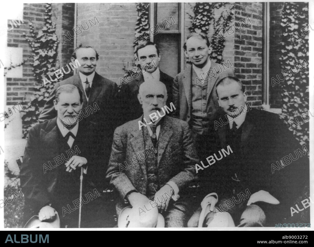 Sigmund Freud, G. Stanley Hall, C.G. Jung, A.A. Brill, Ernest Jones, and Sándor Ferenczi posed at Clark University, Worcester, Mass.