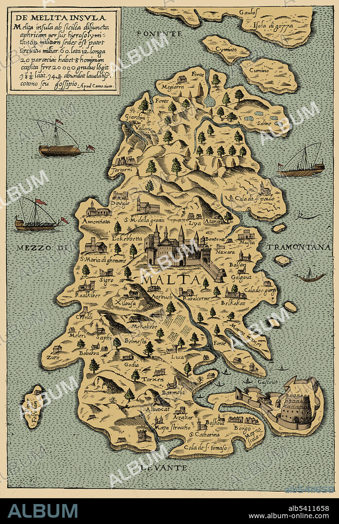 Colour enhanced map of Malta. The cartographic Renaissance of the 16th century in Europe was based on a rapid increase in geographical knowledge sourced from exploration and discovery. Giovanni Francesco Camocio (1501-1575) was an Italian cartographer and publisher active in Venice between 1558 and 1575. In 1530, Charles V, Holy Roman Emperor, gave the islands to the Knights Hospitaller under the leadership of Frenchman Philippe Villiers de L'Isle-Adam, Grand Master of the Order, in perpetual lease for which they had to pay an annual tribute of one single Maltese Falcon. These knights, a military religious order now known as the Knights of Malta, had been driven out of Rhodes by the Ottoman Empire in 1522. The Knights' presence on the island saw the completion of many architectural and cultural projects.