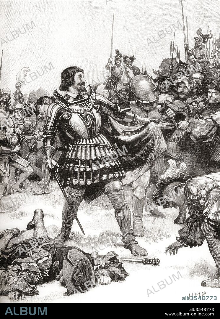Francis I of France surrenders at The Battle of Pavia, 24 February 1525. Francis I, 1494 – 1547. Monarch of the House of Valois who ruled as King of France. From The Century Edition of Cassell's History of England, published 1901.
