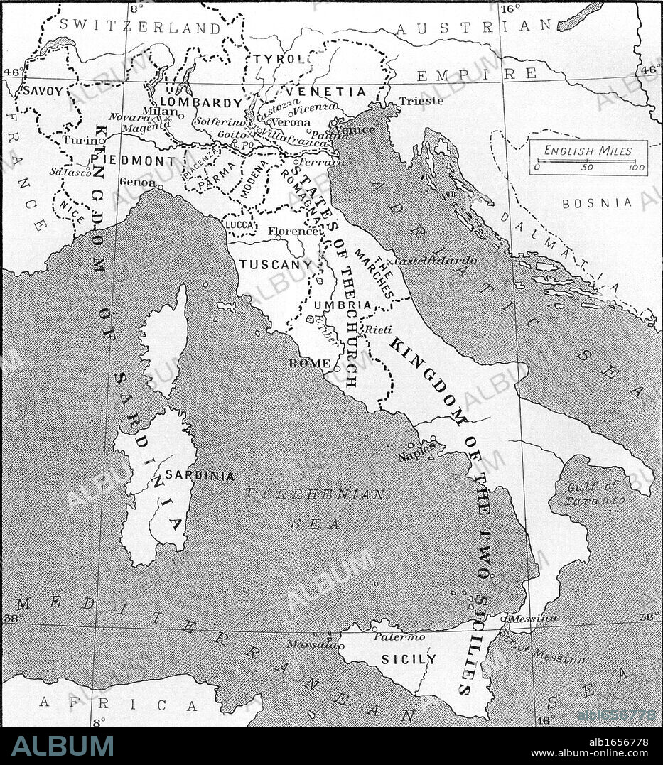 Map of Italy in 1815. From the book Europe in the Nineteenth Century an Outline History, published 1916.