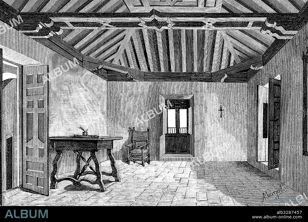 España. Huelva. Celda del monasterio de la Rábida donde Cristóbal Colón dió a conocer sus teorías sobre el nuevo mundo. Grabado de 1885.