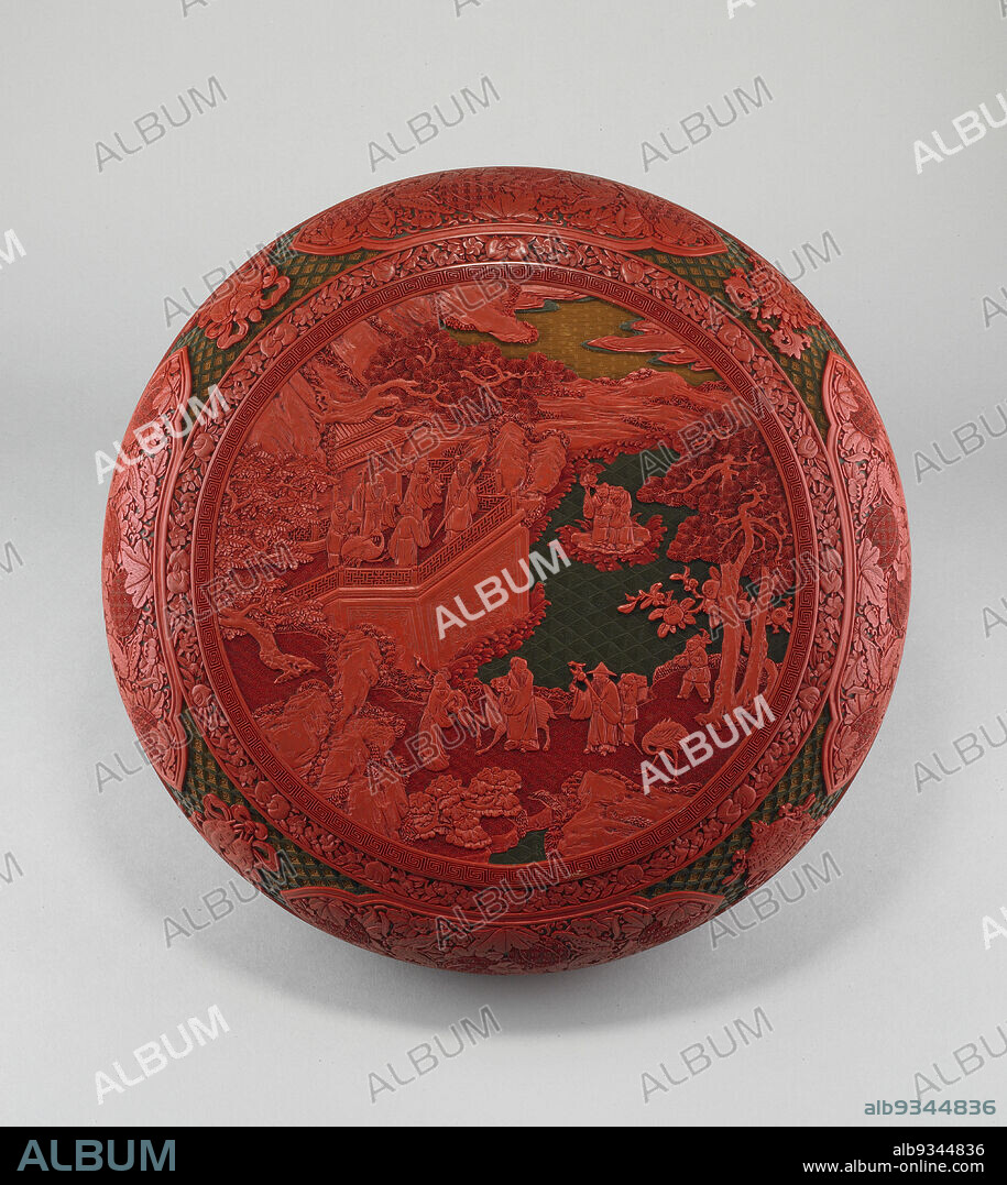 Covered Presentation Box with Design of Daoist Immortals in a Landscape and the Eight Buddhist Emblems, Chinese, Qing dynasty, 16441911, Qianlong period, 17361795, mid- to late 18th century, Red, green, yellow, and black lacquer over wood core, Made in China, Asia, Containers, lacquerware, 4 3/4 x 15 1/2 in. (12.1 x 39.4 cm).