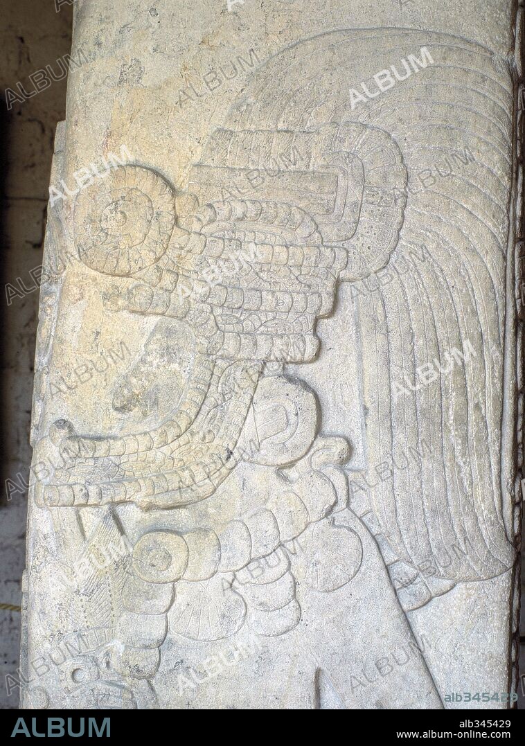 Detail from the stone stela 31, is the accession monument of Siyaj Chan K'awiil II, also bearing two portraits of his father, Yax Nuun Ayiin, as a youth dressed as a Teotihuacan warrior. He carries a spearthrower in one hand and bears a shield decorated with the face of Tlaloc, the Teotihuacan war god,  Maya period from Tikal, Guatemala.