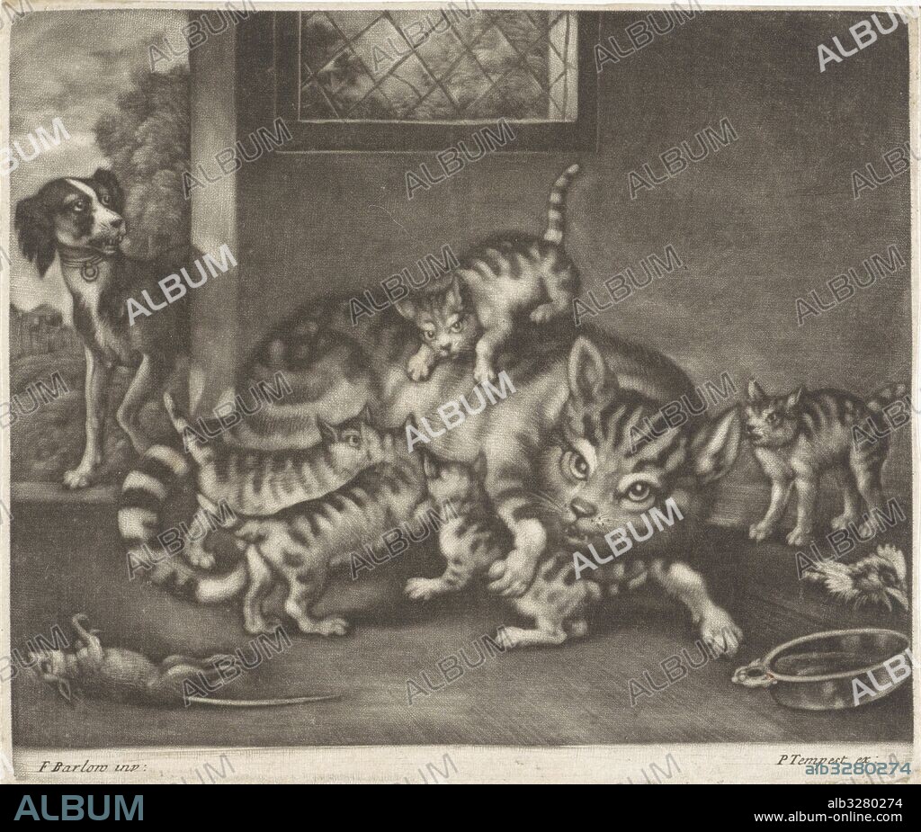 Cat with five kittens, Jan Griffier (I), Pierce Tempest, 1667 - 1717.