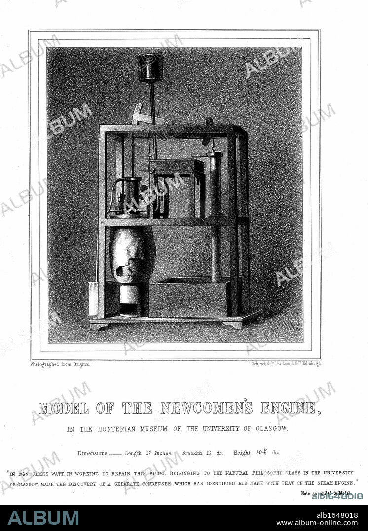 Model of Newcomen steam engine. It was while repairing this engine that Watt is said to have invented the separate condenser. From George Williamson Memorials of James Watt 1856. Lithograph.