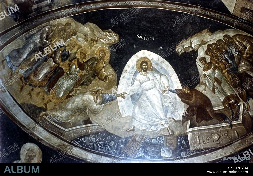 'Anastasis', fresco in the parekklesion of Church of Christ in Chora, c1310-c1320. Christ, surrounded by mandorla, helps Adam and Eve from their graves watched by St John the Baptist and David and Solomon (left). On the right are the righteous led by St Stephen, the first Christian martyr. From the Kariye Museum, Istanbul, Turkey.