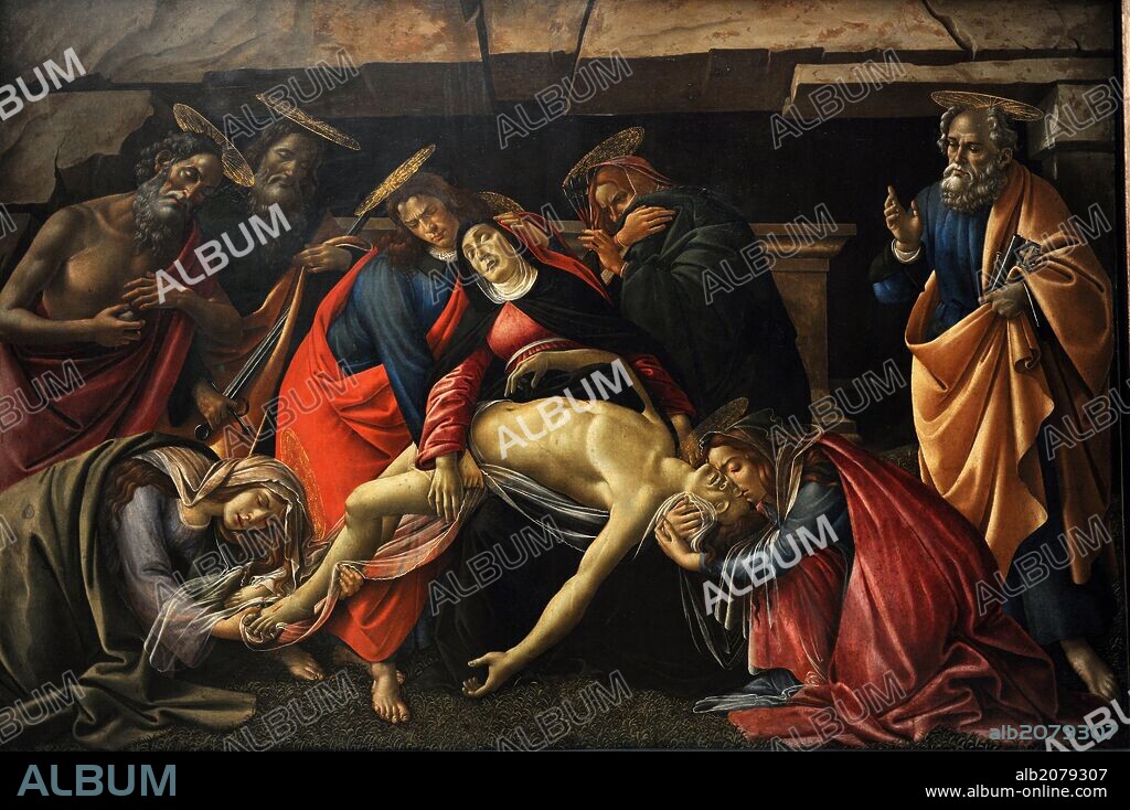 Sandro Botticelli (1445-1510), was an Italian painter of the Early Renaissance. The Lamentation over the Dead Christ. Inert body of Christ surrounded by the Virgin, St. Peter and Mary Magdalene, St. John the Evangelist, St. Jerome and St. Paul. Alte Pinakothek. Munich. Germany.