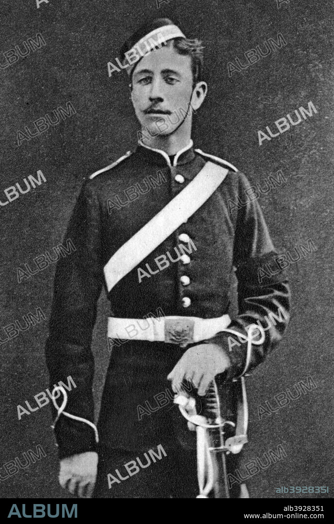 Louis Napoleon, French Prince Imperial, in British uniform, 1871-1879. Louis Napoleon (1856-1879) was the only child of the Emperor Napoleon III. His early death signalled an end to any hopes for the restoration of the Bonaparte dynasty to power in France. A photograph from Album de Photographies dans L'Intimite de Personnages Illustres, 1865-1905, 4th album, Editions MD, Paris.