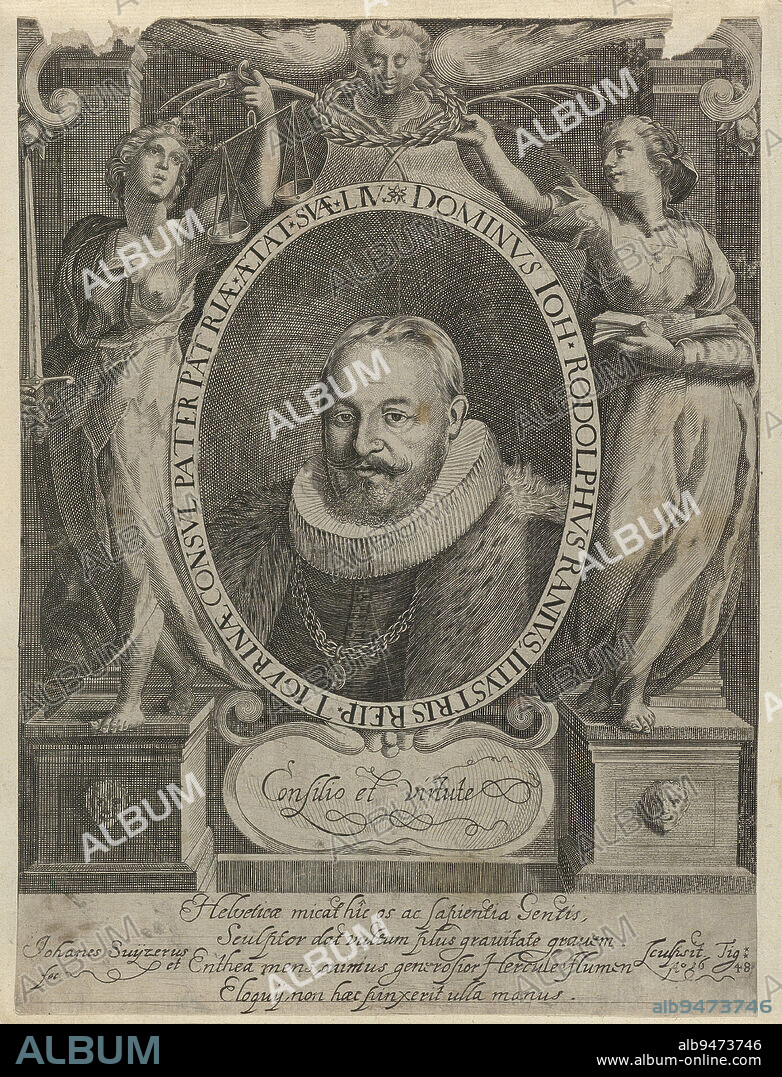 Portrait of Johann Rudof Rahn, print maker: Johann Schweizer, (mentioned on object), 1648, paper, engraving, h 292 mm × w 200 mm.