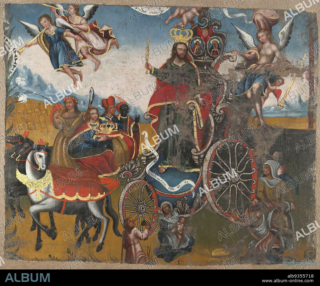 Triumph of Christ the King with the four continents, Oil on canvas, Cuzco, Peru, 18th century, Fragment: 38 x 46 3/4 in., 96.5 x 118.7 cm, allegory, angels, black, carriage, chariot, christ, crown, fairy tale, hispanic heritage, horses, Jesus, king, latin american art, painting, peru, peruvian, spanish american art, white.